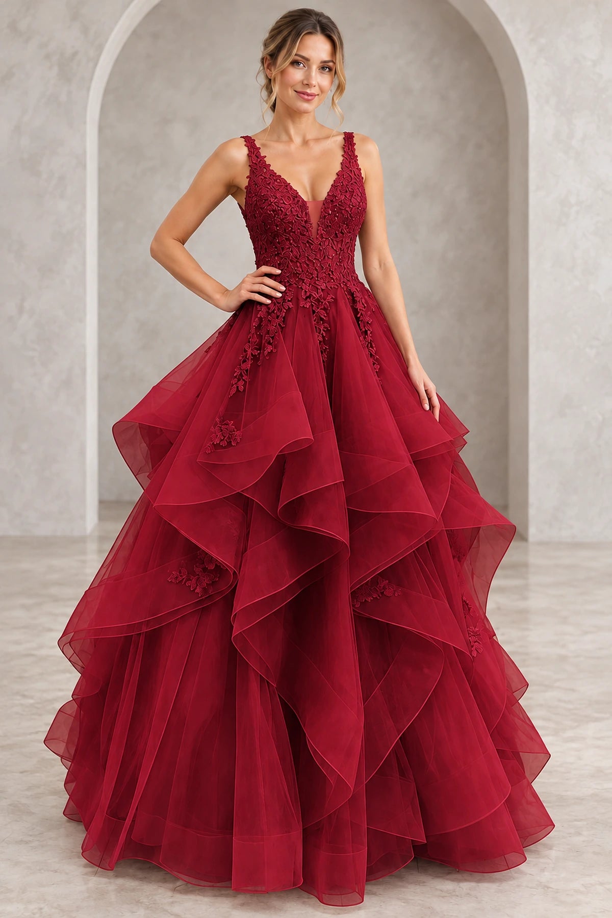 Romantic Tulle A-Line V-Neck Sleeveless Layered Floor-Length Prom Dress