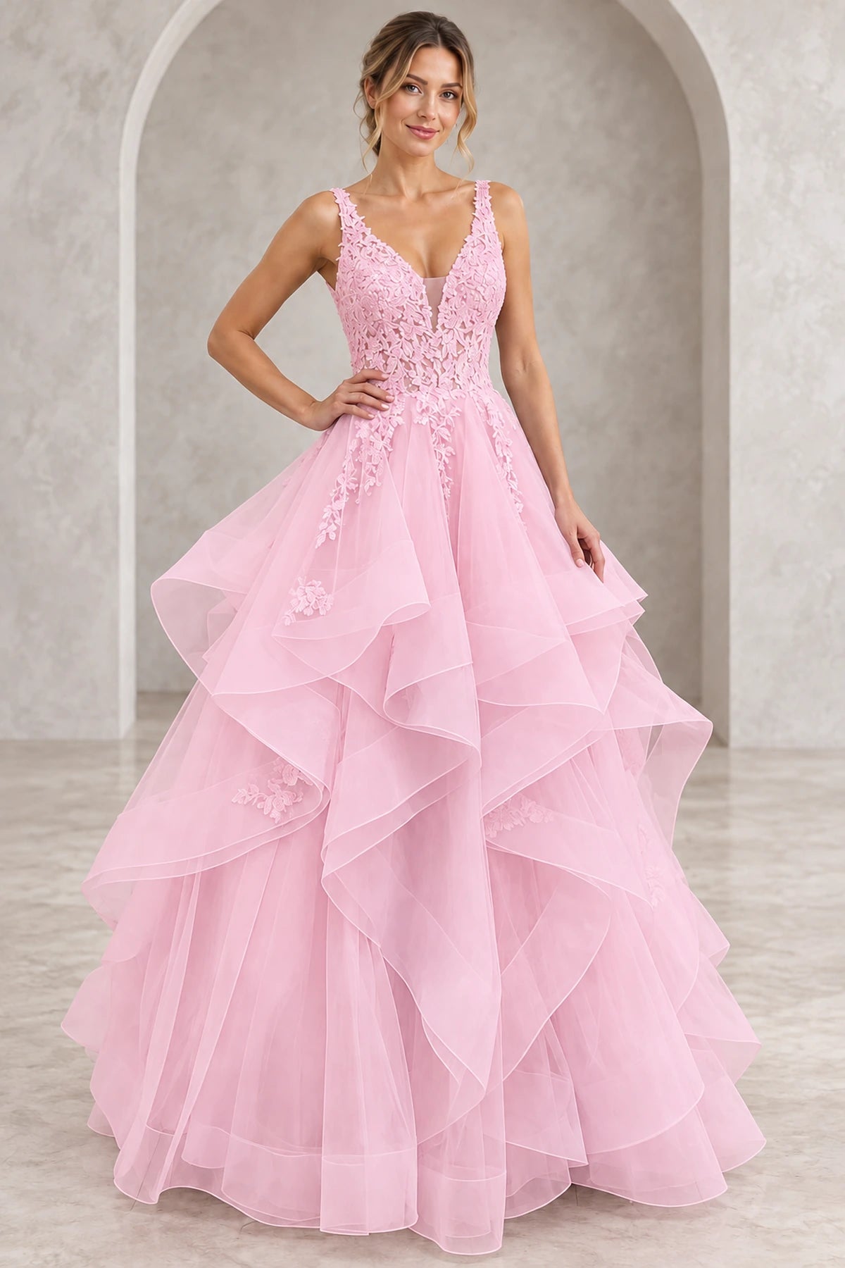 Romantic Tulle A-Line V-Neck Sleeveless Layered Floor-Length Prom Dress