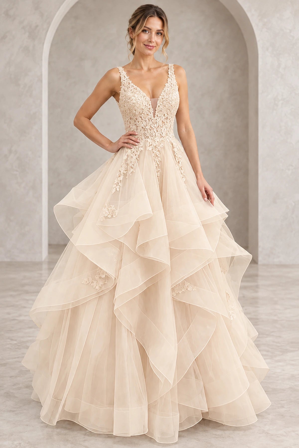 Romantic Tulle A-Line V-Neck Sleeveless Layered Floor-Length Prom Dress
