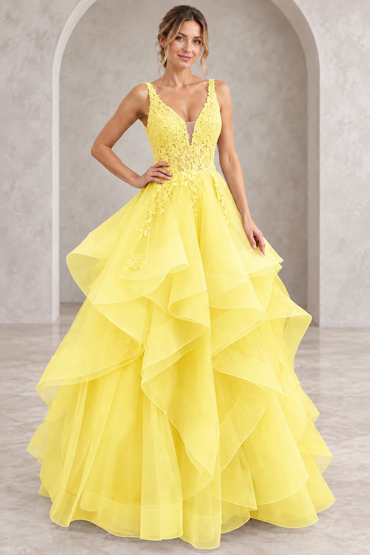 Romantic Tulle A-Line V-Neck Sleeveless Layered Floor-Length Prom Dress