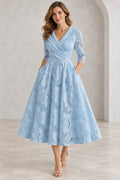 Light blue A-line Mother of the Bride Dress with V-neck lace bodice and three-quarter sleeves