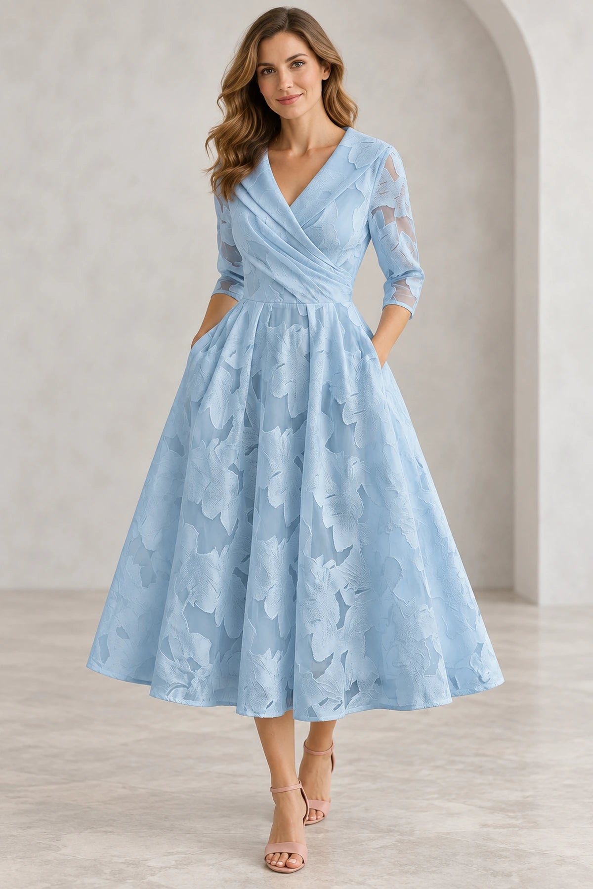 Light blue A-line Mother of the Bride Dress with V-neck lace bodice and three-quarter sleeves