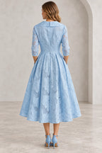 Light blue lace Mother of the Bride Dress with high back and centered zipper closure