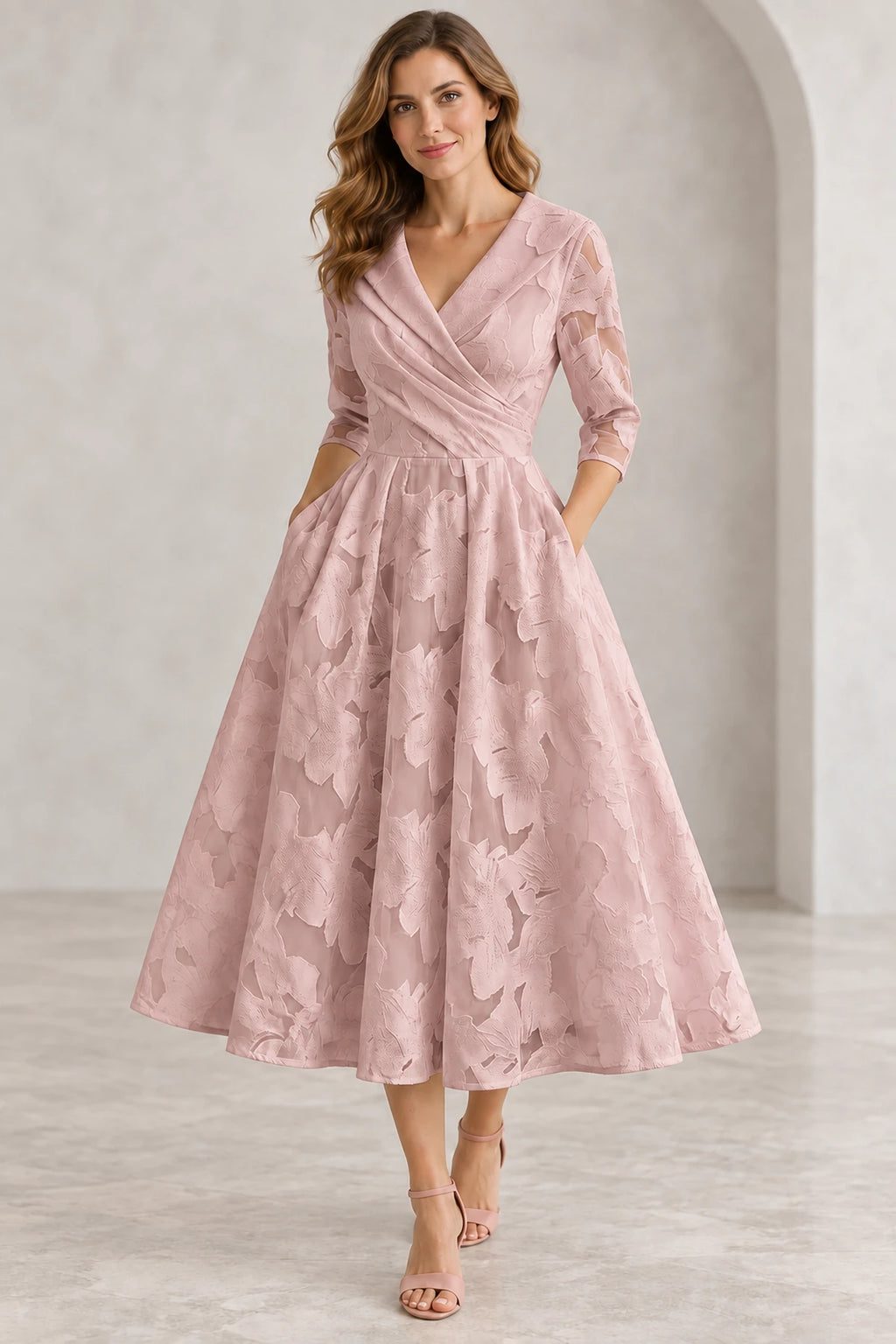 Refined A Line V Neck Three Quarter-Sleeve Zip Back Tea Length Mother of the Bride Dress