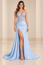 Light blue mermaid prom dress with sweetheart corset bodice and slit skirt