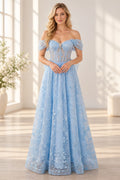 Light blue A line prom dress with off shoulder corset bodice and floral skirt