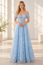 Light blue A line prom dress with off shoulder corset bodice and floral skirt