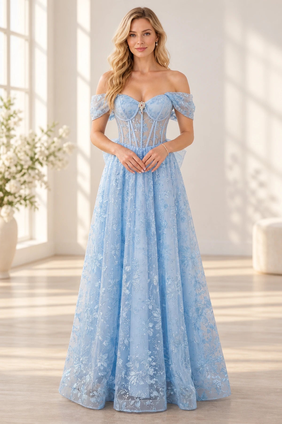 Light blue A line prom dress with off shoulder corset bodice and floral skirt