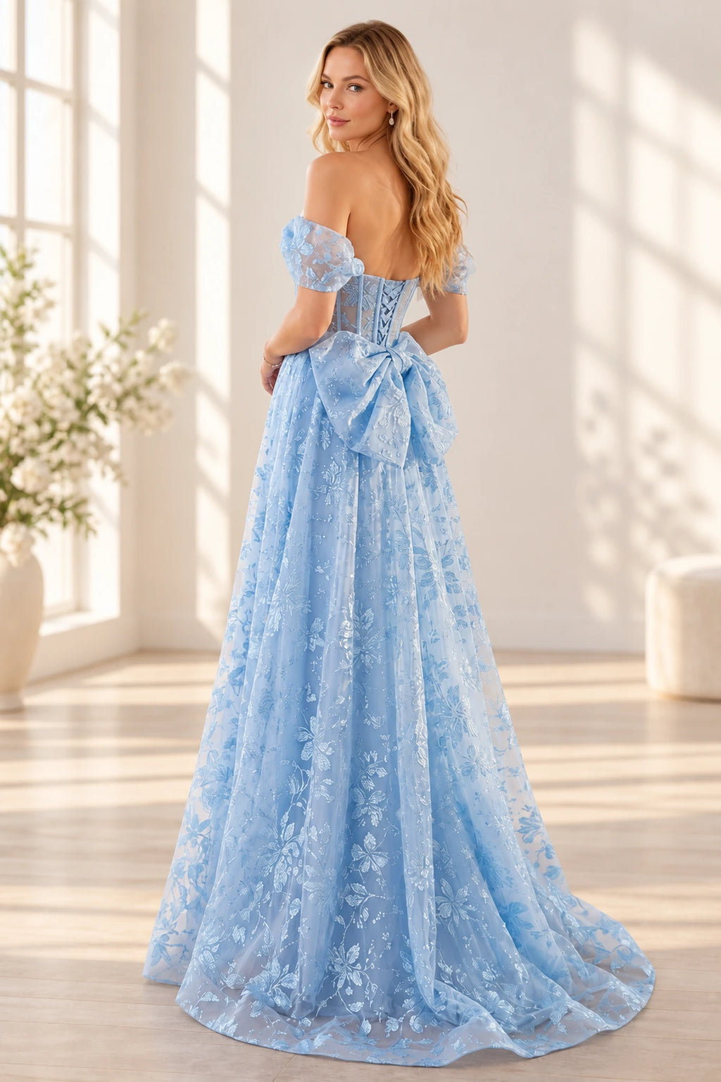 Light blue A line prom dress with off shoulder corset bodice and floral skirt