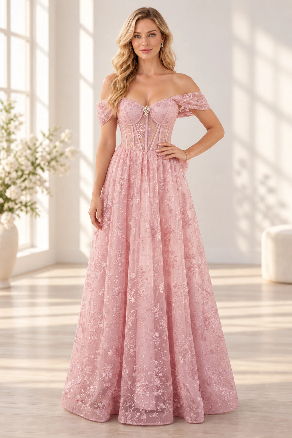 Elegant A Line Off Shoulder Corset Lace Up Back Long Prom Dress