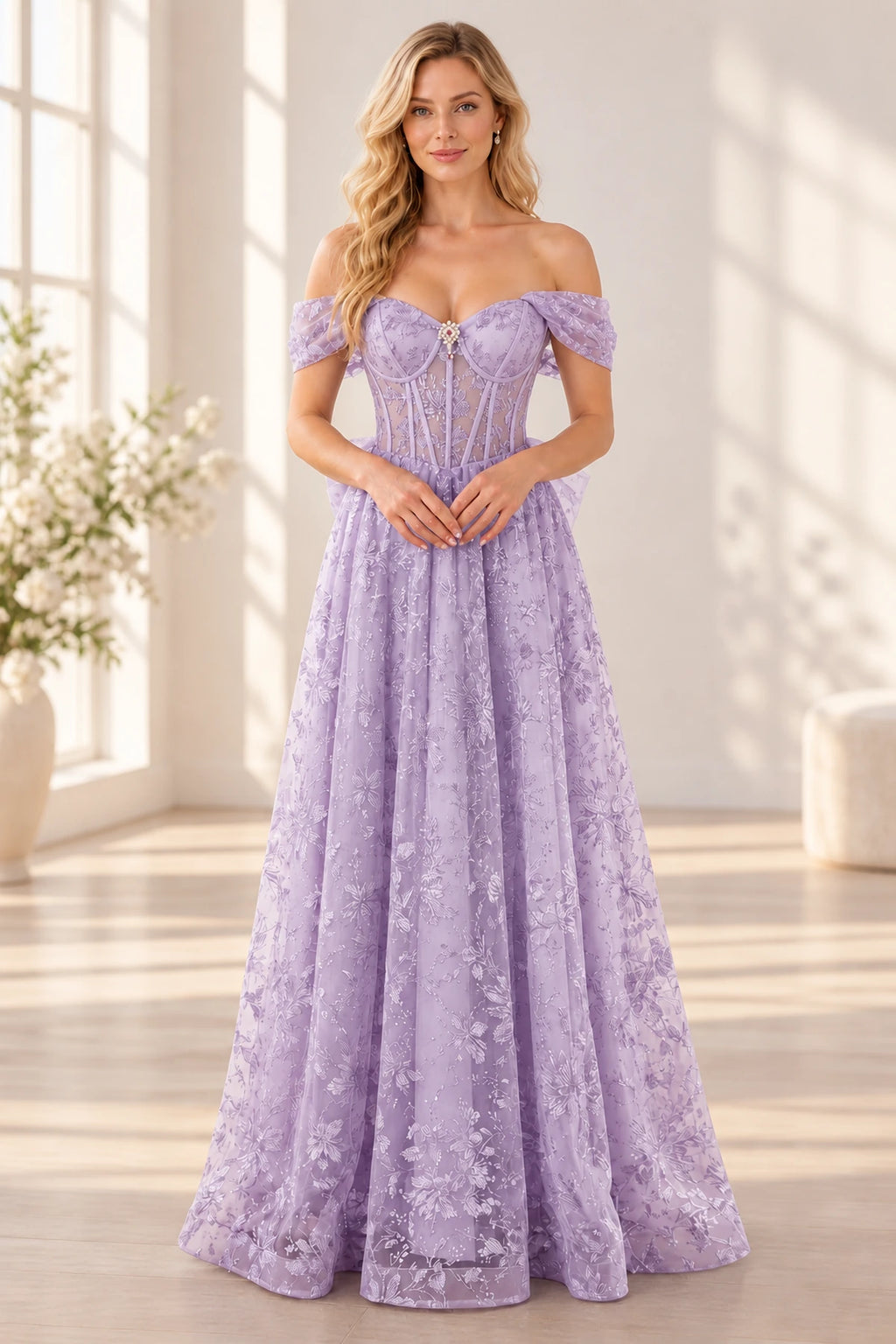 Elegant A Line Off Shoulder Corset Lace Up Back Long Prom Dress