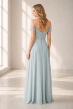 Romantic A-Line Sweetheart Off-Shoulder Button-Back Floor-Length Bridesmaid Dress