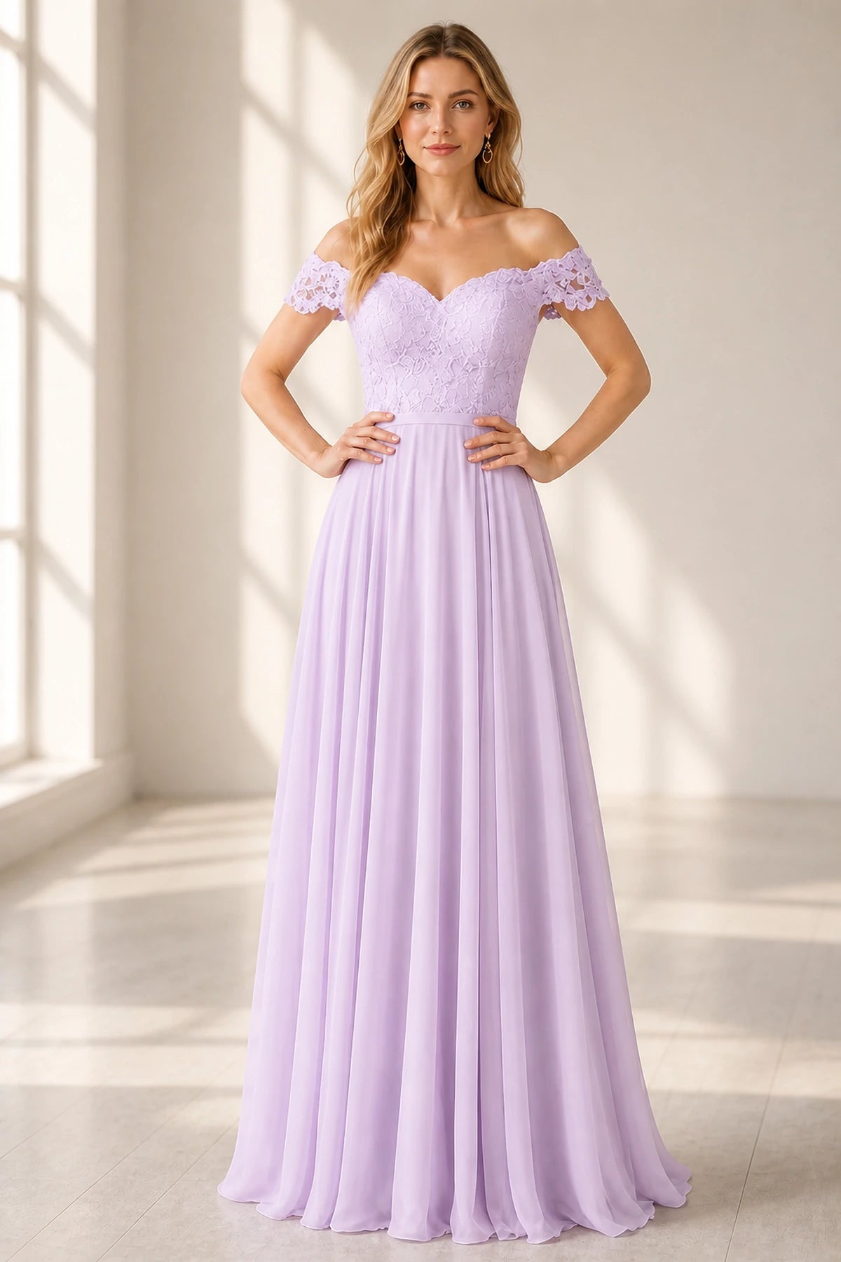 Romantic A-Line Sweetheart Off-Shoulder Button-Back Floor-Length Bridesmaid Dress