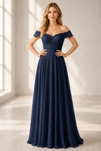 Romantic A-Line Sweetheart Off-Shoulder Button-Back Floor-Length Bridesmaid Dress