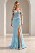 Light blue mermaid prom dress with off-shoulder sleeves, plunging sweetheart neckline, sheer corset-style bodice, ruched hip, and high slit.