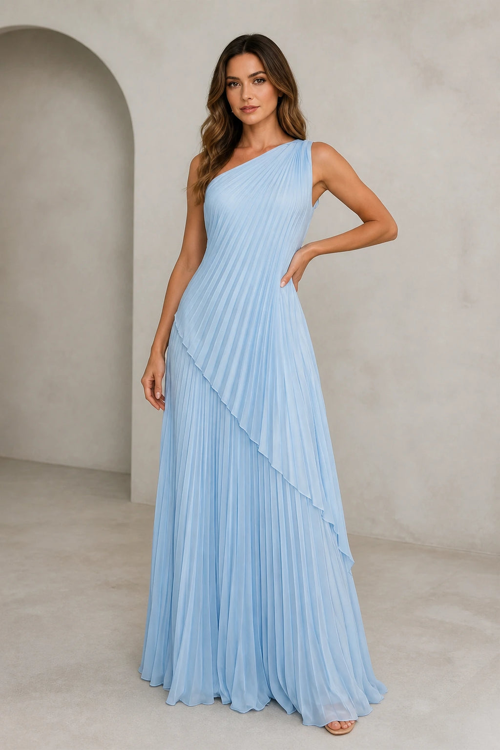 Light blue one-shoulder pleated floor-length bridesmaid dress front view