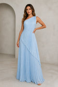 Light blue one-shoulder pleated floor-length bridesmaid dress front view