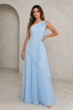 Light blue one-shoulder pleated floor-length bridesmaid dress front view
