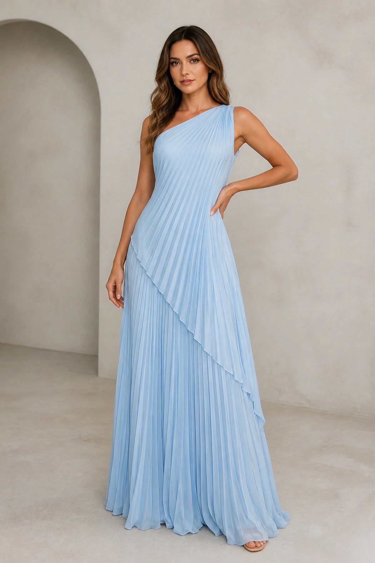 Light blue one-shoulder pleated floor-length bridesmaid dress front view