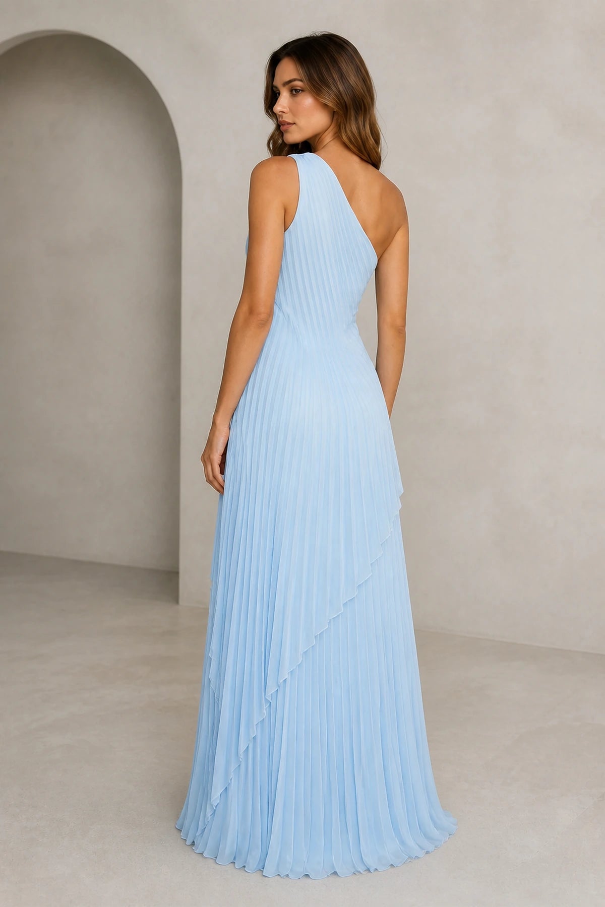 Light blue pleated one-shoulder floor-length bridesmaid dress back view