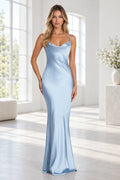 Light blue cowl neck spaghetti strap maxi bridesmaid dress with satin finish