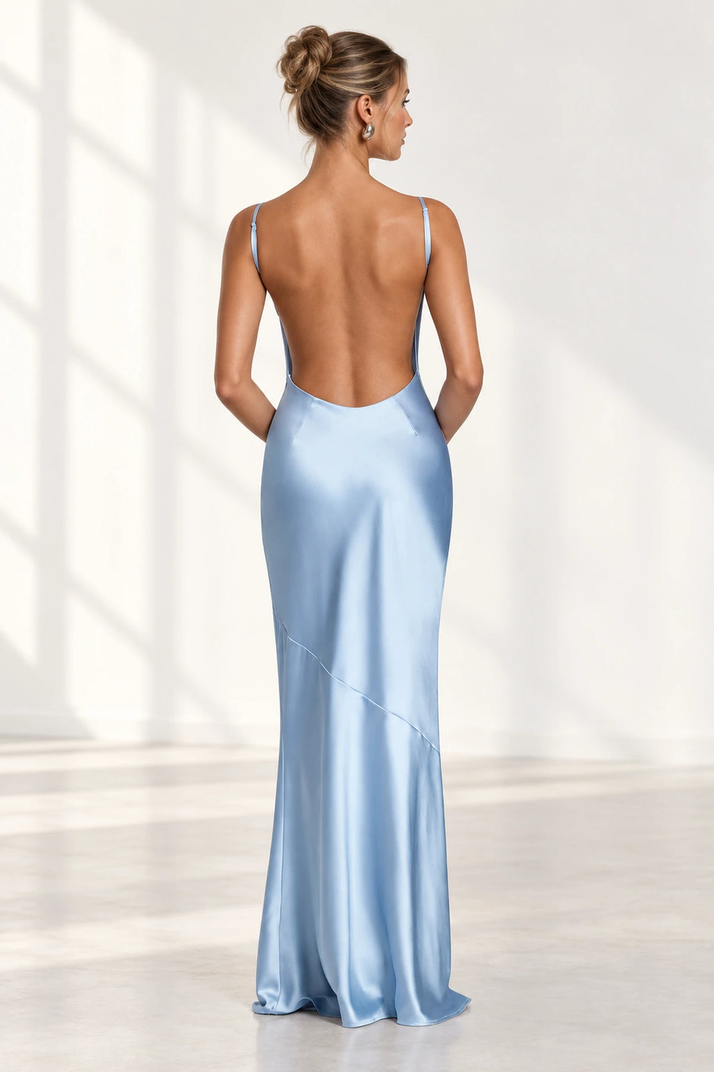 Light blue open back satin bridesmaid dress with spaghetti straps