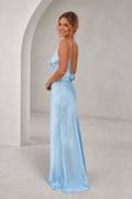 GraceProm light blue satin bridesmaid dress with V neckline spaghetti straps rosette detail and floor length silhouette