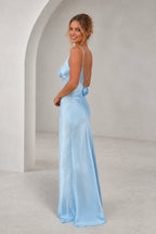 GraceProm light blue satin bridesmaid dress with V neckline spaghetti straps rosette detail and floor length silhouette