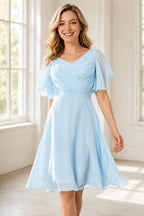 Light blue A-line V-neck flutter sleeve short bridesmaid dress with scoop back, front and back view by Vedress