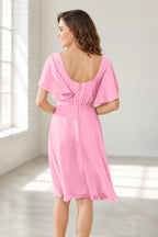Elegant A-Line V-Neck Flutter Sleeve Scoop-Back Short Bridesmaid Dress