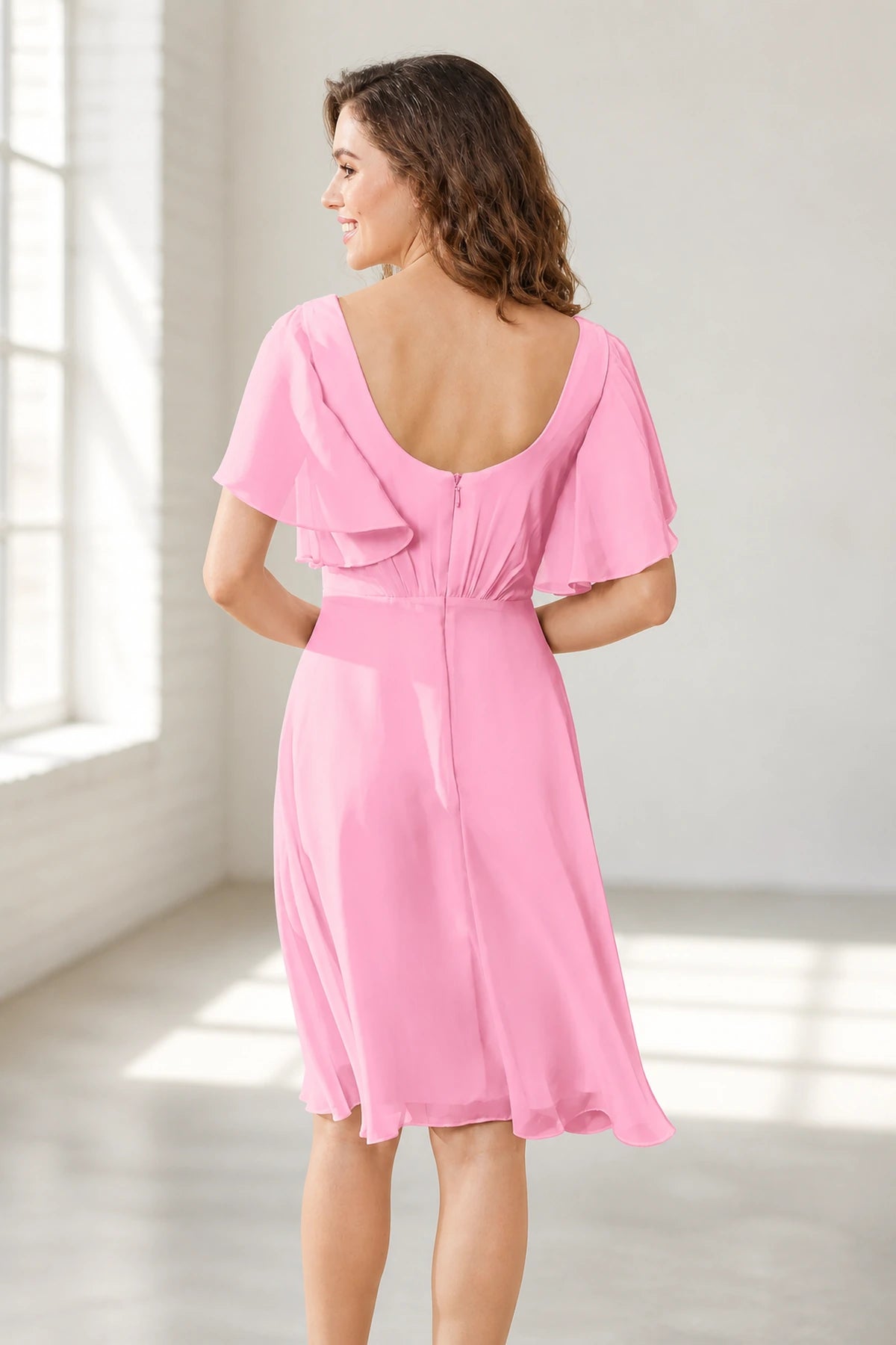 Elegant A-Line V-Neck Flutter Sleeve Scoop-Back Short Bridesmaid Dress
