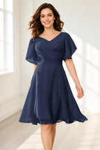 Elegant A-Line V-Neck Flutter Sleeve Scoop-Back Short Bridesmaid Dress