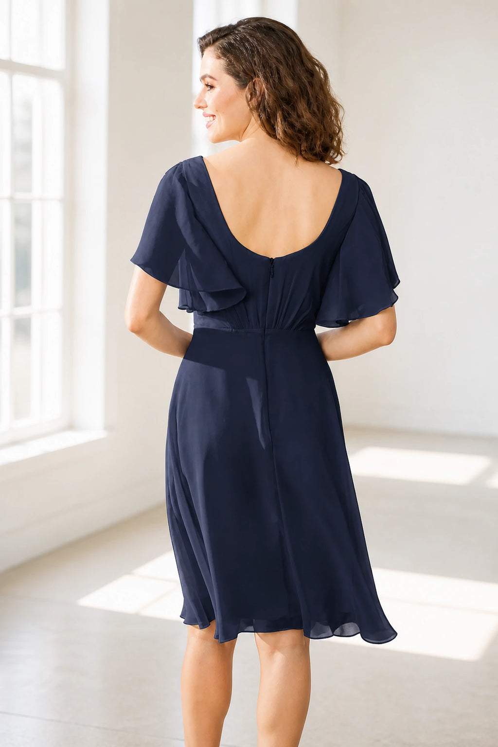 Elegant A-Line V-Neck Flutter Sleeve Scoop-Back Short Bridesmaid Dress