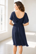 Elegant A-Line V-Neck Flutter Sleeve Scoop-Back Short Bridesmaid Dress