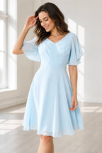 Elegant A-Line V-Neck Flutter Sleeve Scoop-Back Short Bridesmaid Dress