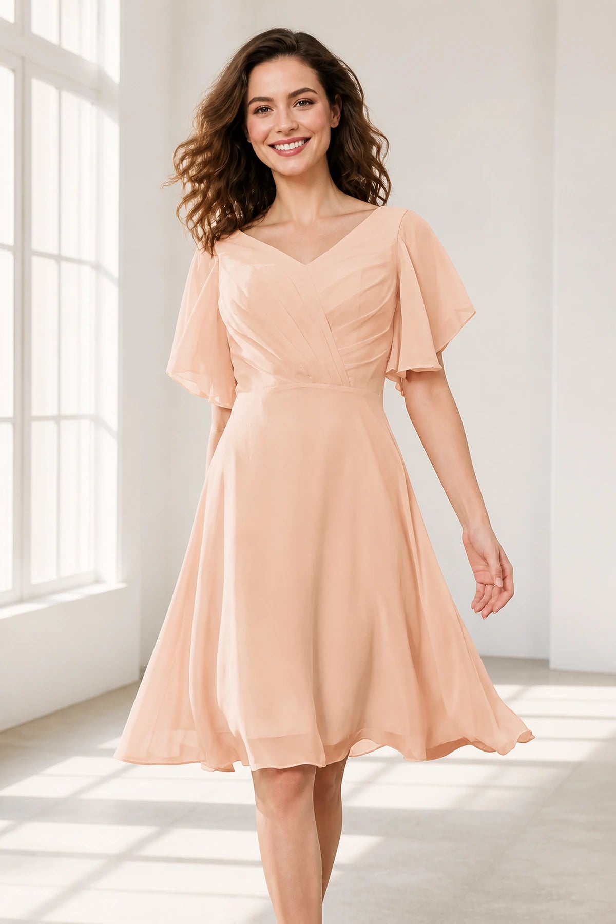 Elegant A-Line V-Neck Flutter Sleeve Scoop-Back Short Bridesmaid Dress