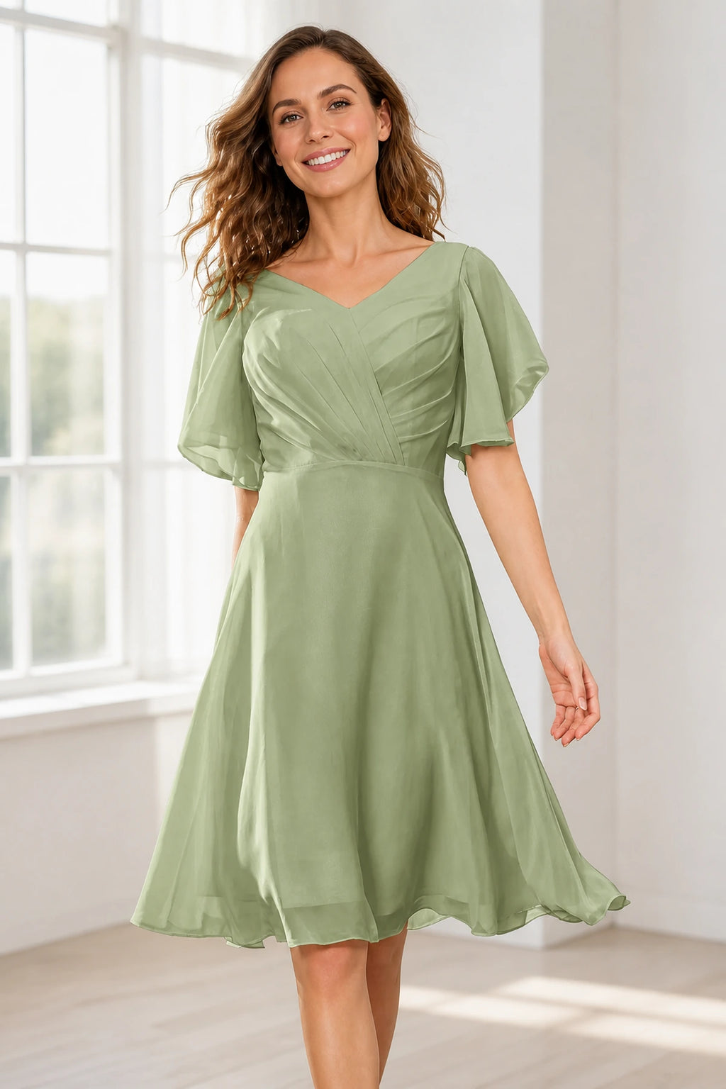 Elegant A-Line V-Neck Flutter Sleeve Scoop-Back Short Bridesmaid Dress