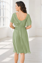 Elegant A-Line V-Neck Flutter Sleeve Scoop-Back Short Bridesmaid Dress