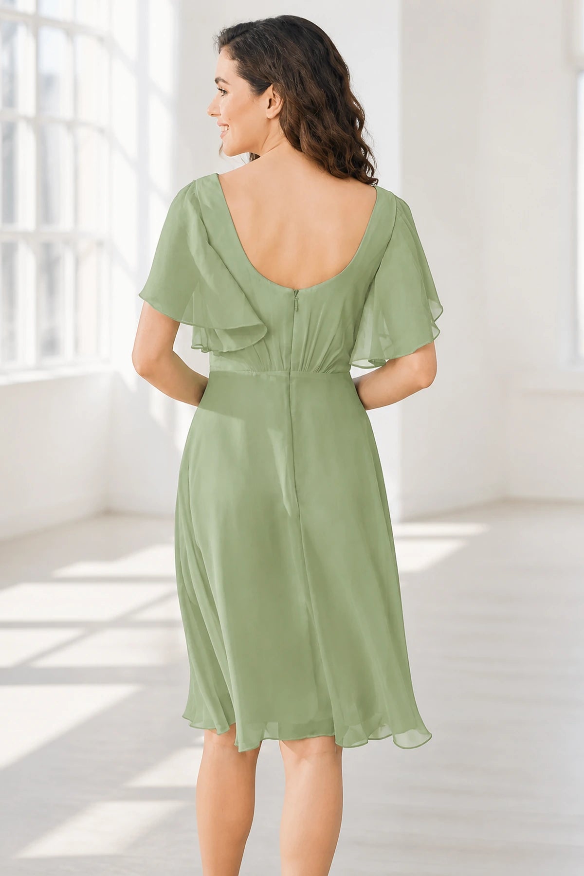 Elegant A-Line V-Neck Flutter Sleeve Scoop-Back Short Bridesmaid Dress