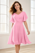 Elegant A-Line V-Neck Flutter Sleeve Scoop-Back Short Bridesmaid Dress