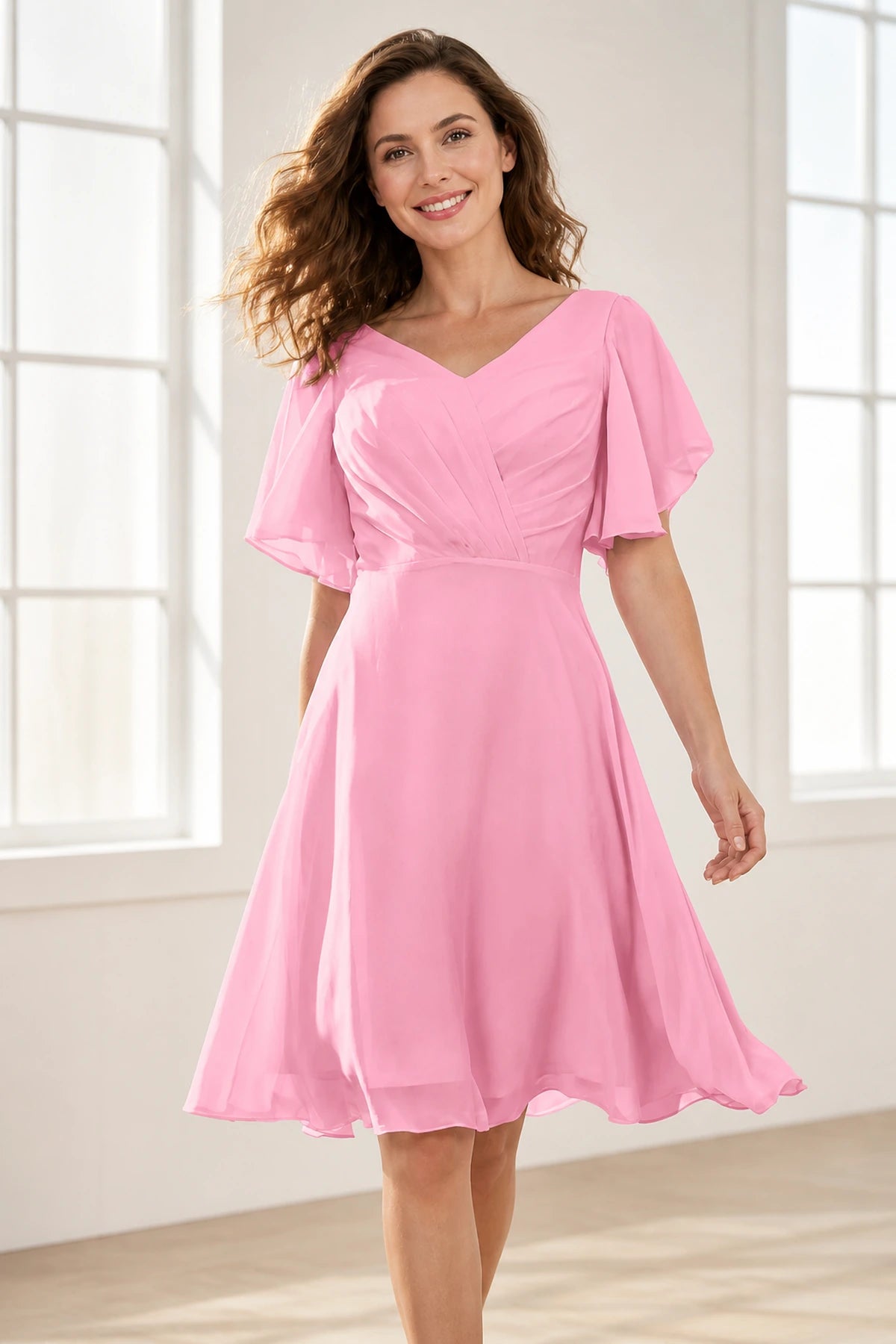 Elegant A-Line V-Neck Flutter Sleeve Scoop-Back Short Bridesmaid Dress