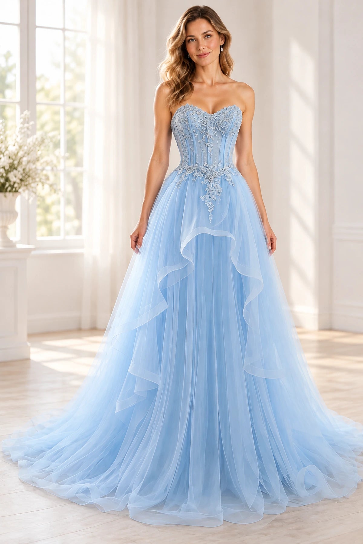 Romantic Tulle A-Line Sweetheart Strapless Floor-Length Layered Prom Dress