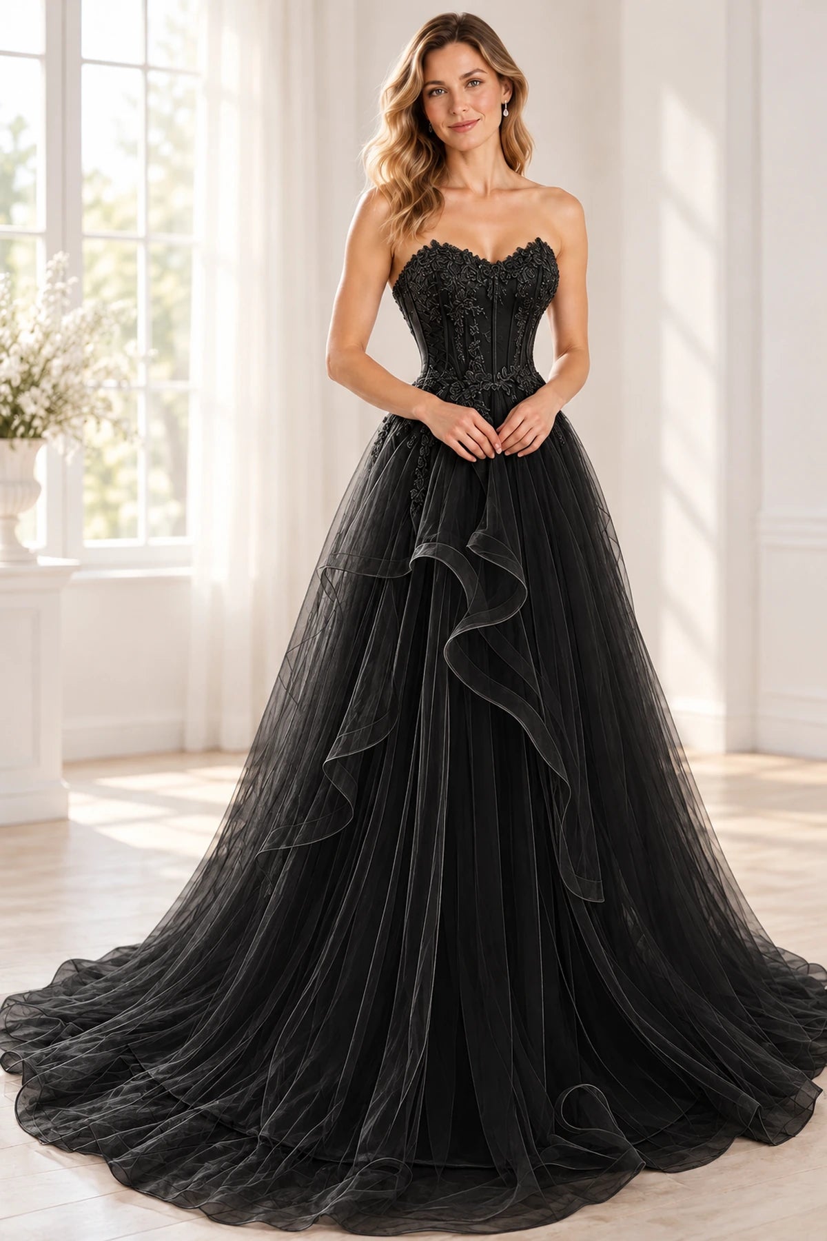 Romantic Tulle A-Line Sweetheart Strapless Floor-Length Layered Prom Dress