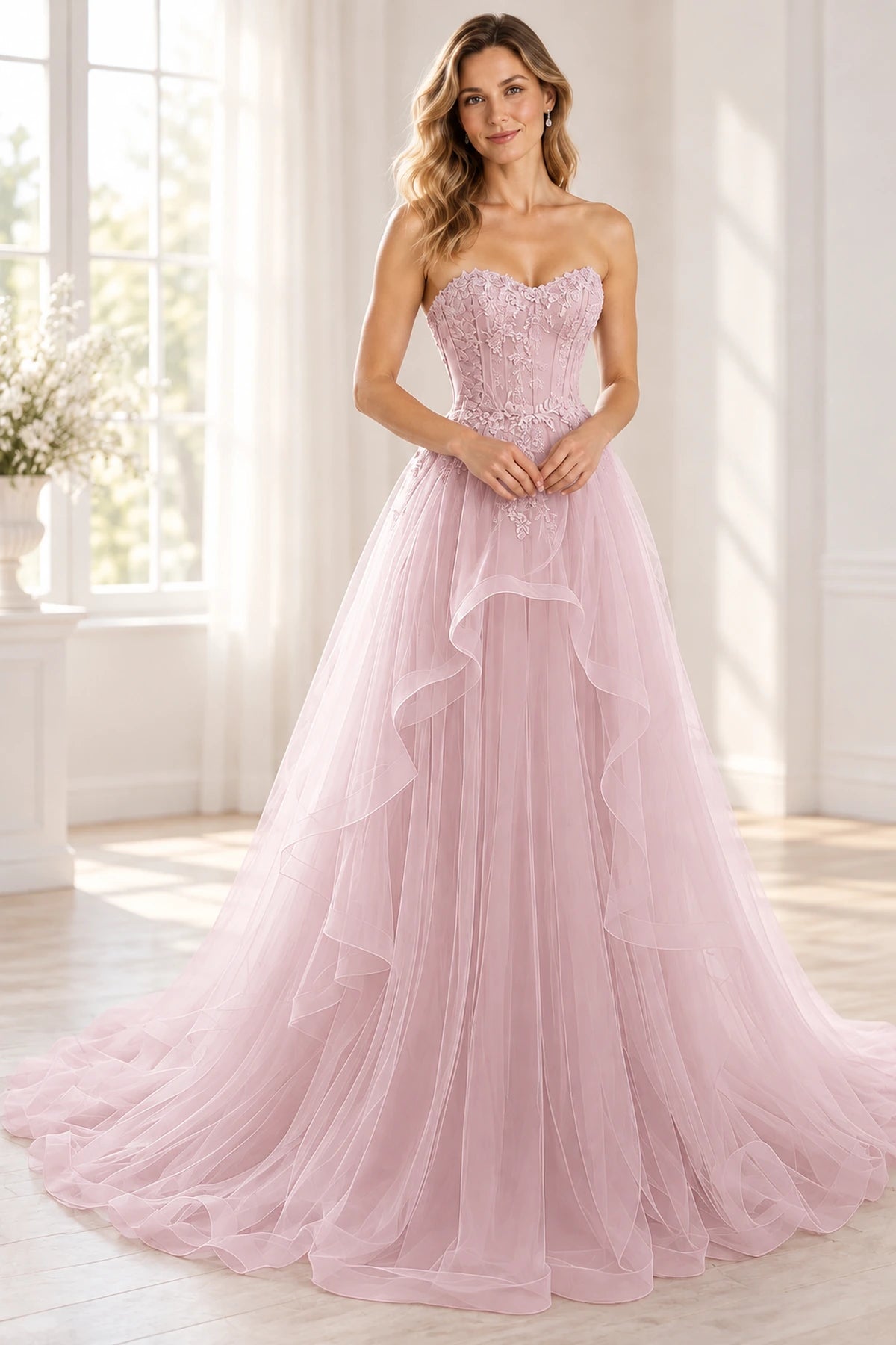 Romantic Tulle A-Line Sweetheart Strapless Floor-Length Layered Prom Dress