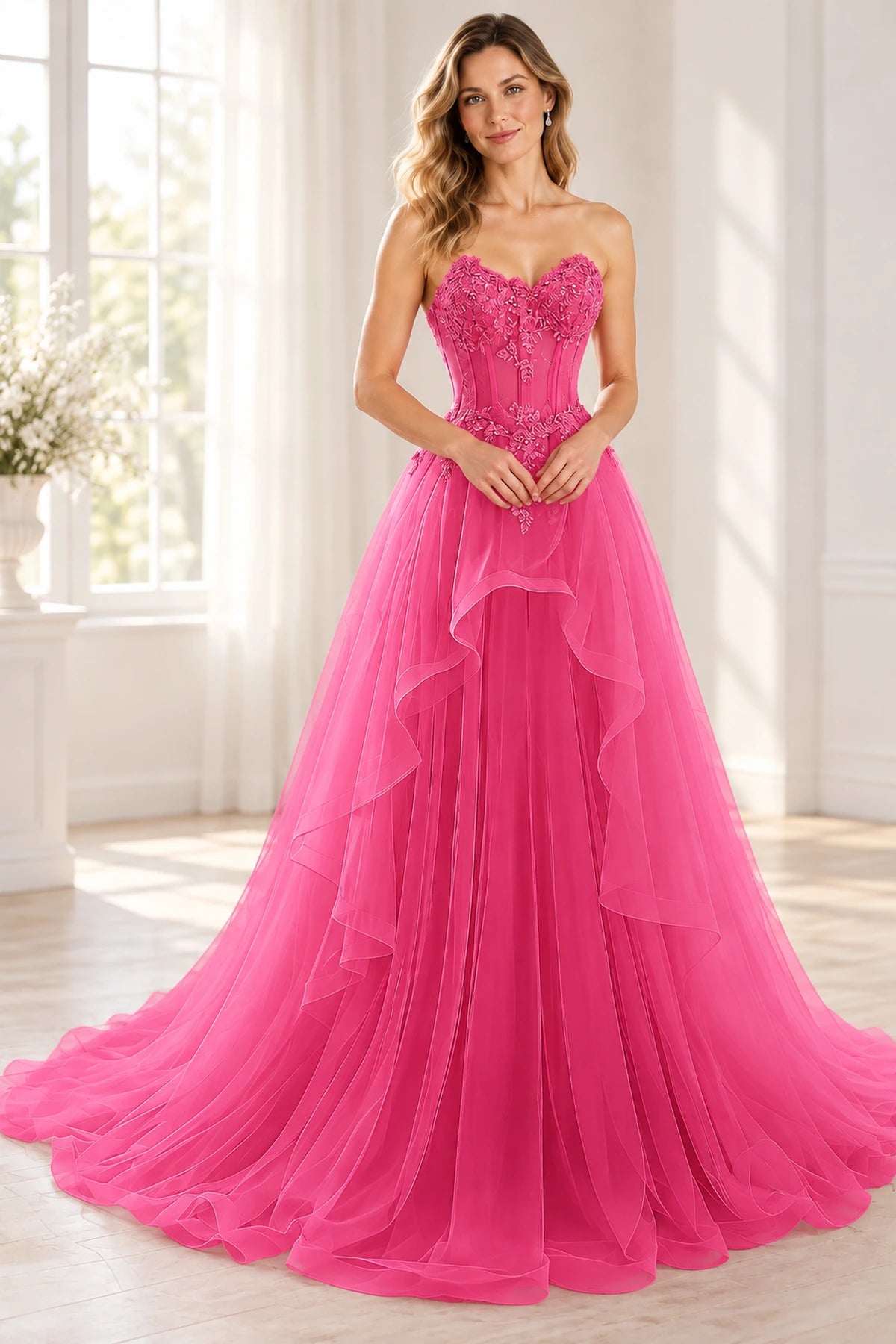 Romantic Tulle A-Line Sweetheart Strapless Floor-Length Layered Prom Dress