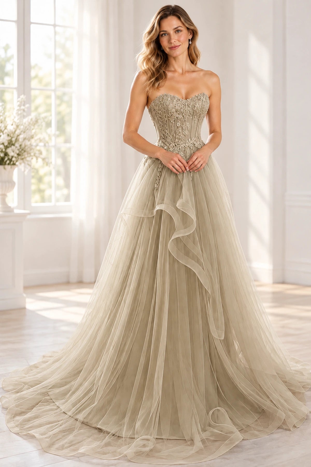 Romantic Tulle A-Line Sweetheart Strapless Floor-Length Layered Prom Dress