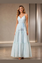Graceprom light blue A line long prom dress with V neck spaghetti straps and tiered ruffle skirt