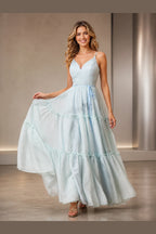 Dreamy A Line V Neck Spaghetti Straps Lace Up Long Prom Dress