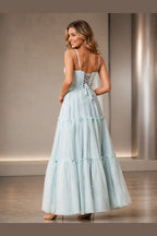 Graceprom light blue long prom dress with spaghetti straps lace up back and tiered A line skirt
