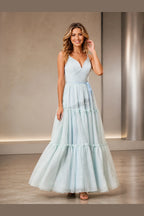 Dreamy A Line V Neck Spaghetti Straps Lace Up Long Prom Dress